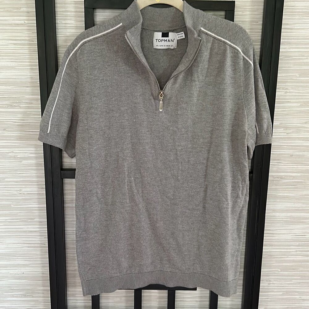 Topman gray and white zippered short sleeve sweater size L